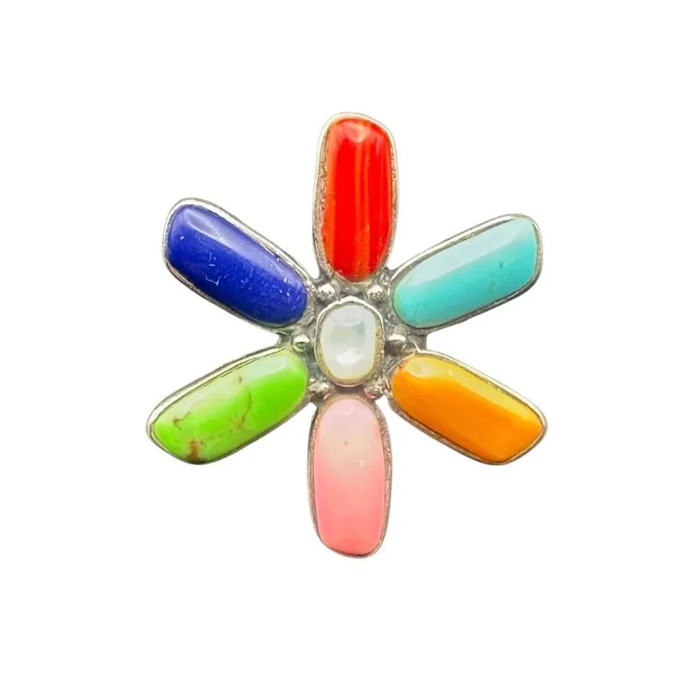 Signed SX Thailand 925 Sterling Silver Multicolor Gemstone Flower ring